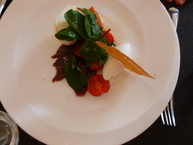 Tomato jam mozzarella bonito and basil sorbet