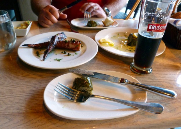 Octopus, beer and a dolmata at Boukies, Greenwich Village