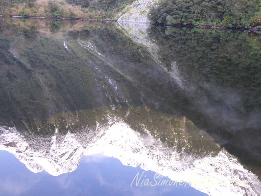 Reflections in the little bay where we stopped for a moment of silence. With all the engines and generators shut off and all passengers instructed to get into position and not take photos, we had utter silence on the boat, a quiet that soon filled with the voices of birds calling out to each other on the mountainside