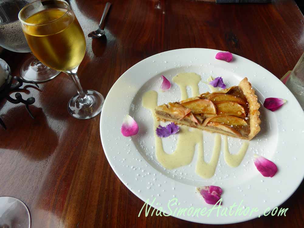 A dessert tart with the recommended dessert wine at Wild Fish.
